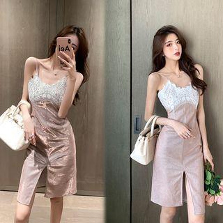 Spaghetti-strap Lace Panel Slit Sheath Dress
