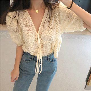 Lace V-neck Short-sleeve Top Almond - One Size