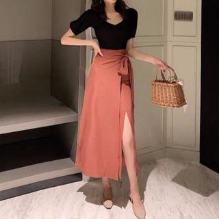 Set: Puff Sleeve V-neck Top + Slit A-line Wrapped Skirt