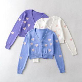 Long Sleeve V-neck Heart Embroidered Crop Cardigan