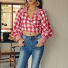 Lantern-sleeve Plaid Tie-up Shirt