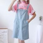 Set: Elbow-sleeve Printed T-shirt + Denim Jumper Dress