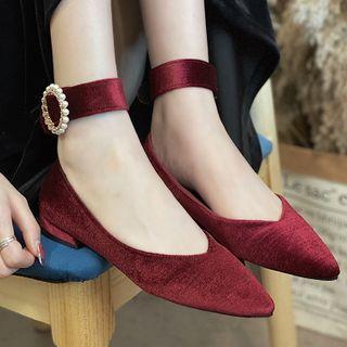 Block Heel Faux Pearl Ankle Strap Pointed Pumps