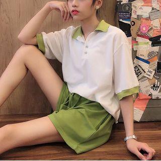Short-sleeve Contrast Trim Polo Shirt / Wide Leg Shorts