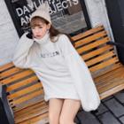 Turtleneck Letter Embroidered Pullover White - One Size