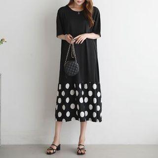 Drop-shoulder Dotted-hem Long Dress