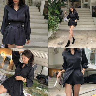 Satin Set: Shirt With Sash + Shorts