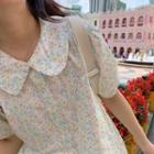 Puff-sleeve Floral Blouse Light Green - One Size