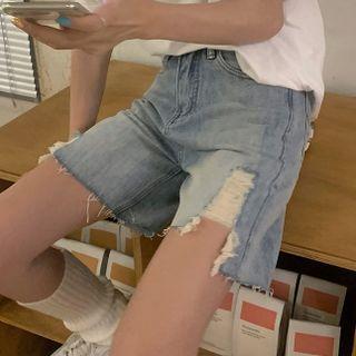 Frayed Denim Shorts / Elbow-sleeve Print T-shirt