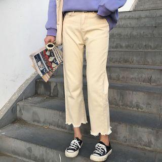 Cropped Fray-hem Straight-cut Jeans
