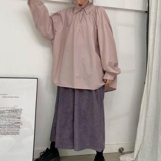 Turtleneck Long-sleeve Top / Puff-sleeve Blouse / Corduroy Crop Wide-leg Pants