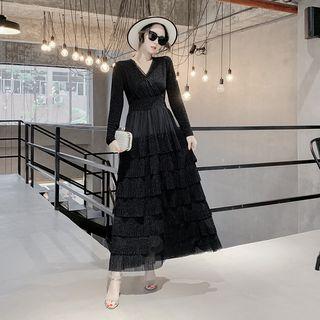 Long-sleeve Glitter Mesh Maxi Tiered Dress