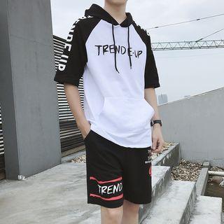 Set: Elbow-sleeve Lettering Hooded T-shirt + Shorts