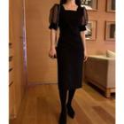 Short-sleeve Sheer A-line Dress Black - One Size