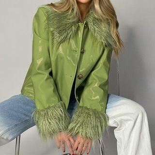 Faux Leather Fringed Trim Button-up Jacket