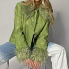 Faux Leather Fringed Trim Button-up Jacket