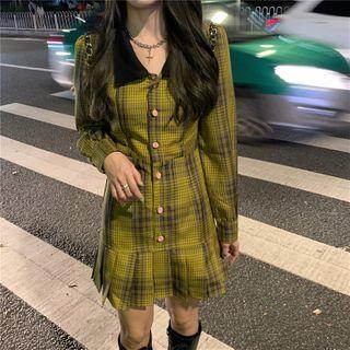 Long-sleeve Plaid Mini Dress Dress - One Size