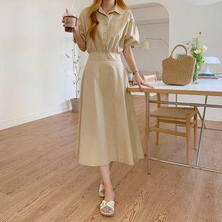 Puff-sleeve Half Placket Dress