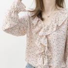 Ruffle Trim Floral Long-sleeve Chiffon Blouse As Shown In Figure - One Size