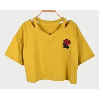 Rose Embroidered Short-sleeve Cropped T-shirt