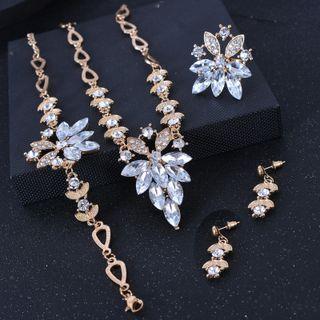 Set: Rhinestone Stud Earring + Necklace + Bracelet + Brooch Set Of 4 - 1 Pair Earring & Necklace & Bracelet & Brooch - Gold - One Size