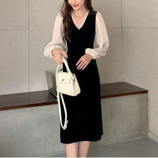 Puff Sleeve V-neck Two Tone Velvet Shift Dress