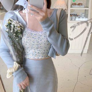 Cropped Cardigan / Floral Print Camisole Top / Plaid Mini Pencil Skirt