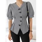 Plain / Check Puff-sleeve Pintuck Blouse