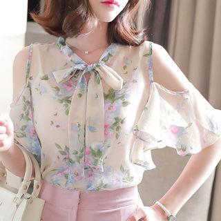 Tie-neck Cold-shoulder Floral Blouse