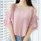 Tiered Short-sleeve Cold-shoulder Chiffon Top