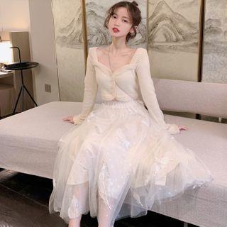 Cropped Cardigan / Feather Embroidered Midi A-line Skirt / Cropped Wide-leg Pants
