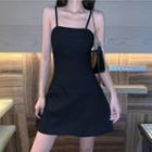 Spaghetti-strap Plain Mini A-line Dress Black - One Size