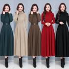 Turtleneck Plain Midi A-line Dress / Belt / Set