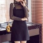 Set: Long-sleeve Glitter Mesh Blouse + Spaghetti Strap Mini Dress
