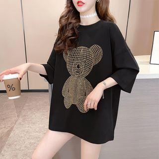 3/4-sleeve Bear Print Rhinestone T-shirt