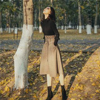 Set: Ruffled Ribbed Knit Top + Midi A-line Skirt