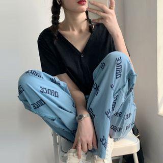 Short-sleeve Buttoned Cropped T-shirt / Lettering Wide Leg Pants