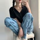 Short-sleeve Buttoned Cropped T-shirt / Lettering Wide Leg Pants