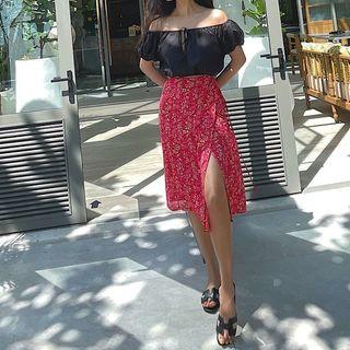 High-waist Floral Lace-up Split Skirt
