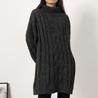 Cable-knit Long-sleeve Knit Dress Dark Gray - One Size