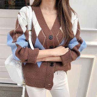 Plunge-neck Argyle Knit Cardigan