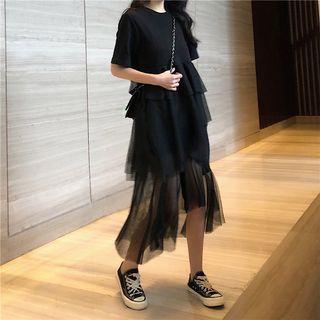 Mesh Panel Layered Midi Dress