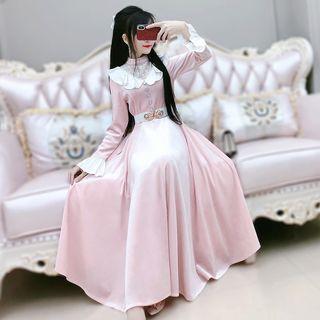 Long-sleeve Paneled Midi A-line Velvet Dress