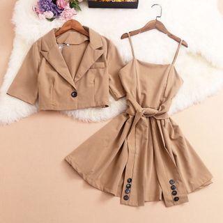 Short-sleeve Blazer / Spaghetti Strap A-line Dress / Blazer / Set