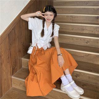 Short-sleeve Drawstring Shirt + Layered Midi Skirt