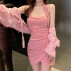 Halter-neck Mini Sheath Dress / Long-sleeve Blouse