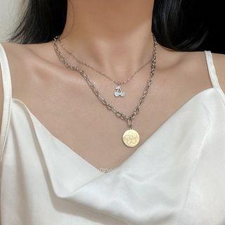 Cherry Flower Pendant Layered Stainless Steel Necklace Silver & Gold - One Size