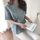 Round-neck Pleated-detail Linen Blend Top