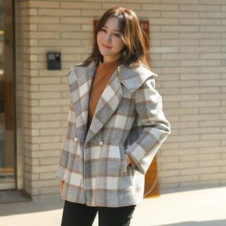 Wide-collar Double-breasted Checked Jacket