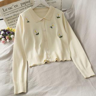 Daisy-embroidered Button-down Knit Top